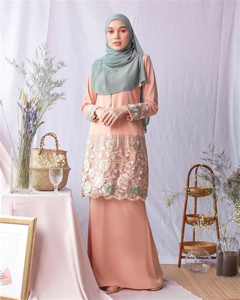 Baju Kurung Moden Lace Adira Blush Peachy Muslimahclothingcom
