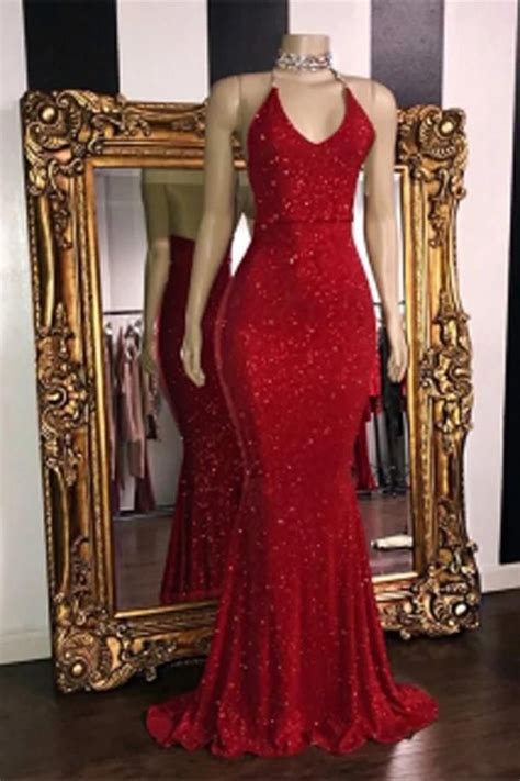 Simple V Neck Red Glitter Sequins Prom Dresses Mermaid Halter Backless Formal Dress Om Us