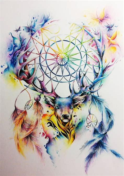 A Drawing Of A Deer With Feathers On Its Antlers And Dream Catcher
