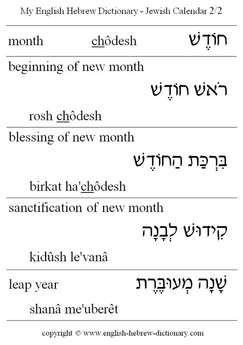 English To Hebrew Jewish Calendar Vocabulary Month Beginning Of New