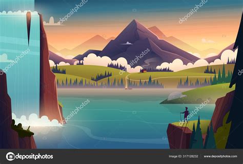 Cartoon Lake And Mountains Here You Can Explore Hq Mountain Landscape