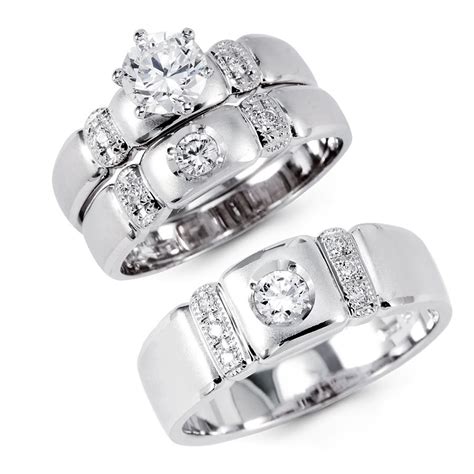 14k Solid White Gold Cz Engagement Wedding 3 Ring Set 14k White Gold