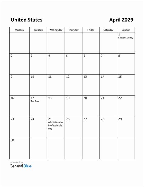 Free Printable April 2029 Calendar For United States