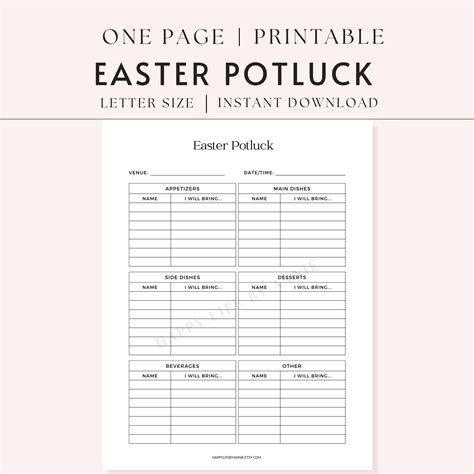 Easter Potluck Sign Up Sheet Potluck Template Food Sign Up Etsy