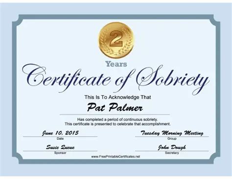 2 Years Sobriety Certificate Blue Printable Certificate