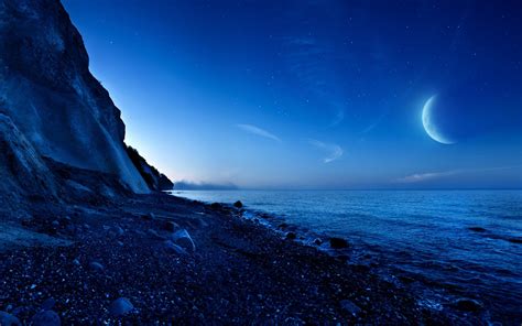 Moon Sky Blue Sea Beach Rocks Nature Wallpapers Hd Desktop And