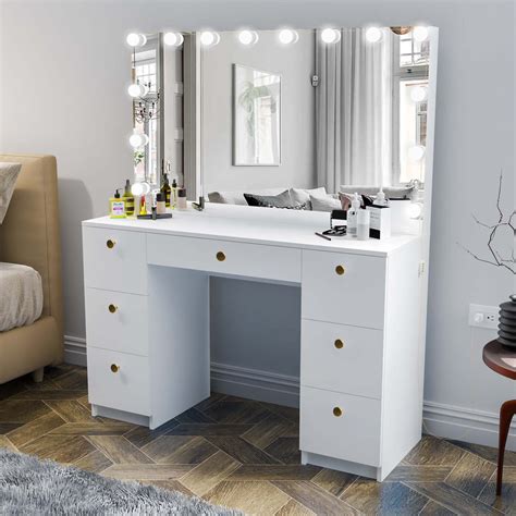 Boahaus Yara Makeup Vanity Desk With Frameless Hollywood Vanity Mirror With Lights 7 Drawers