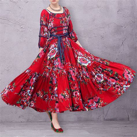 Splendid Evening Party Dresses Blossom Floral Print Pleated Shift Bohemia Vintage Tunic Bandage