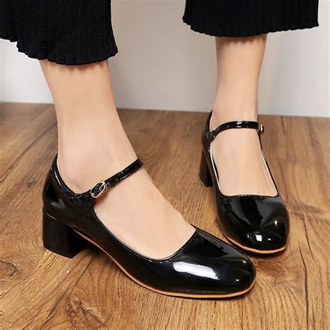 Spring Women Mary Janes Shoes Patent Leather High Heels Pumps Ankle Strap Dress Shoes Square Toe