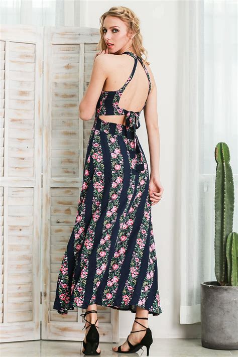 Sleeveless Floral Print Hollow Out Backless High Waist Maxi Dress High