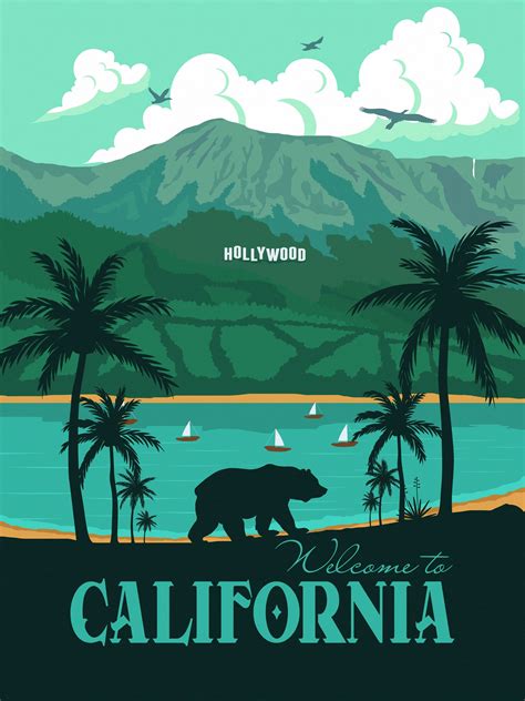 California Travel Poster Landscape Los Angeles Hollywood Vintage Wall