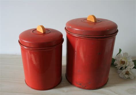 Vintage Set Of 2 Red Canisters Kitchen Canisters Old Tin