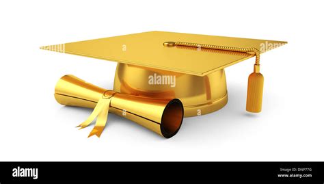 3d Illustration Of Golden Graduation Cap With Diploma Isolated On