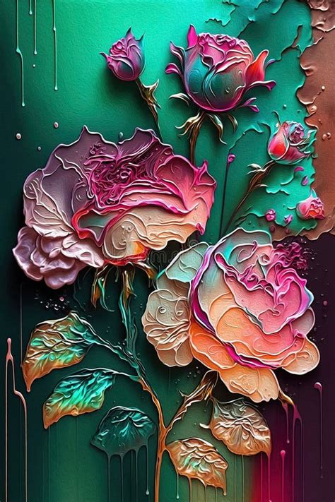 Abstract Digital Oil Painting Of Colorful Rose Flowers Ai Generated