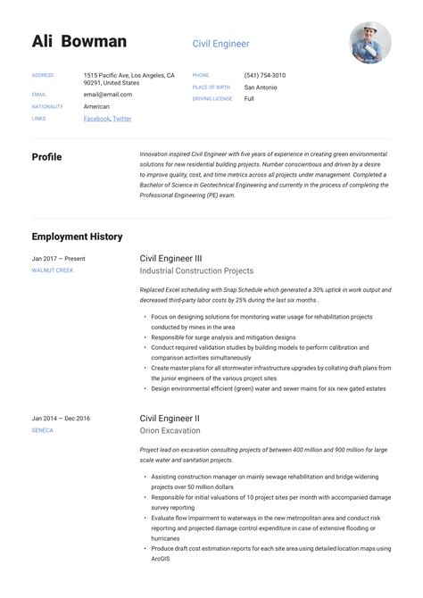This is a free sample of a civil engineers resume which can be used for senior and entry level positions as well. Civil Engineer Resume & Writing Guide | +12 Resume Templates | 2020