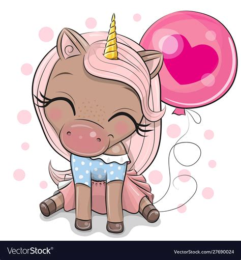 Cute Cartoon Unicorn With Pink Balloon Royalty Free Vector