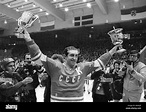 Soviet national ice hockey team captain Boris Mikhailov boasts the cups ...