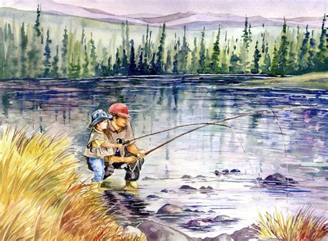 Fly Fishing With Dad In The Mountains Watercolor Painting