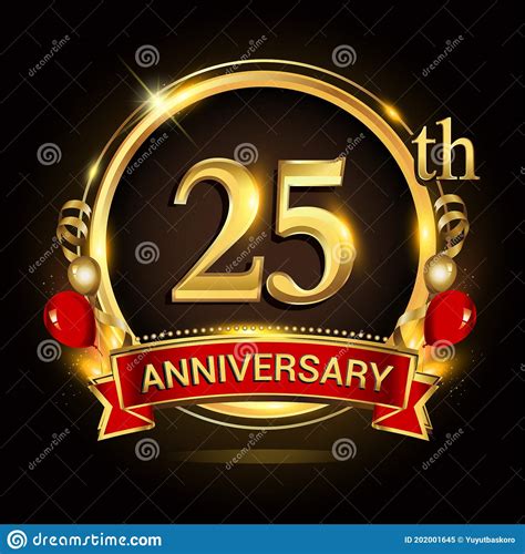 25th Anniversary Logo With Golden Ring Balloons And Red Ribbon Vector