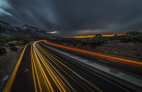 Highway Light Night Road Time Lapse Wallpaper Resolution2048x1331
