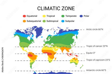 Climate Zones Map Vector With Equatorial Tropical Polar Temperate
