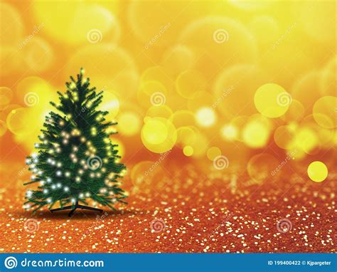 3d Christmas Tree With Lights On Gold Bokeh Background Stock