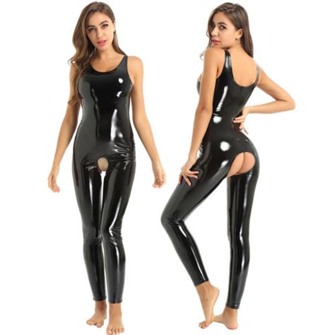 Damen Body Lackleder Offenem Schritt Bodysuit Mit Reißverschluss Catsuit Overall Ebay