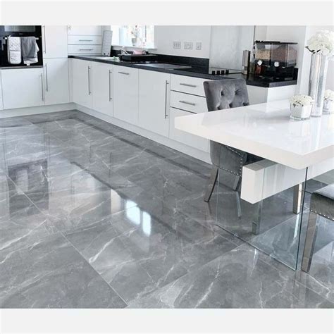 Marmy Grey Polished Marble Effect Porcelain Floor Tiles Grey Kitchen