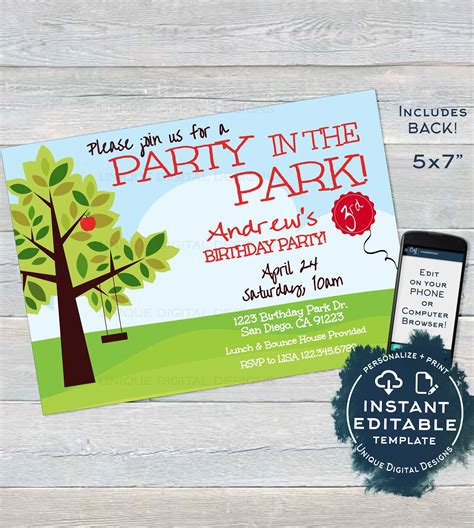 Park Birthday Party Invitation Editable Bbq Picnic Party In The Park