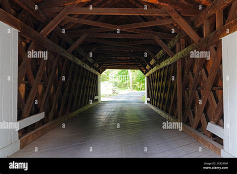 Inside View Of The Wood Trusses In The Historic Wooden Covered Cabin