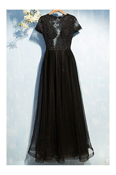 sexy long black lace prom dress with sleeves open back 102 46 myx18024