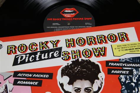 close up of vintage vinyl record cover of rocky horror picture show soundtrack editorial photo