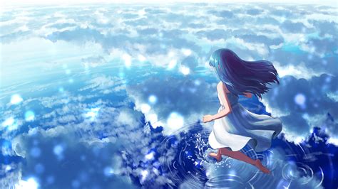 Download 600x800 Anime Girl Clouds Water Walking On