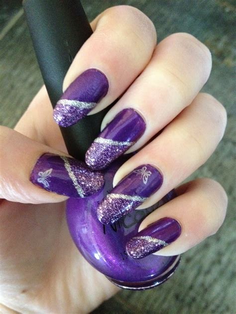 Purple Glitter Side Swoop With Konad Butterfly Purple Nail Art