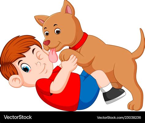 Boy Playing With Dog And Dog Licking His Owner Vector Image