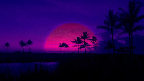 wallpaper retrowave purple sunset palm trees pink shadow dark background 3024x1701