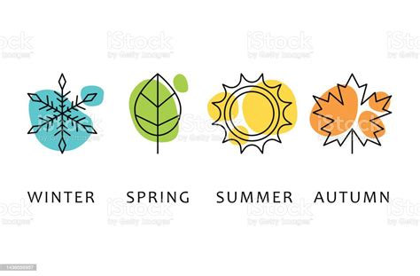 Vier Jahreszeiten Ikonen Zeichen Symbole Winter Frühling Sommer Herbst Schneeflocke Blatt Sonne