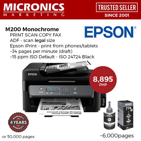 Epson workforce m200 mono sürekli mürekkep sistemi (ciss), ethernet bağlantısı ve adf'li hepsi bir arada, iki epson orijinal mürekkep şişesi ve epson iprint. Epson M200 Monochrome | Micronics Marketing