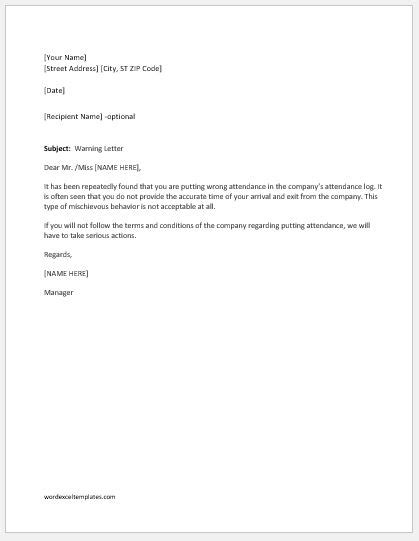 Warning Letter For Putting Wrong Attendance Word And Excel Templates