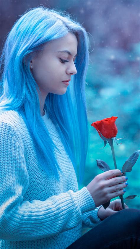 Blue Hair Girl With Rose Mobile Wallpaper Hd Mobile Walls