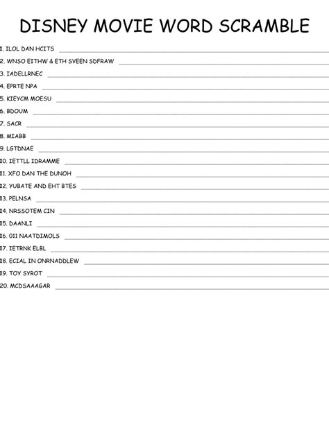 Disney Word Scramble Printable Worksheets