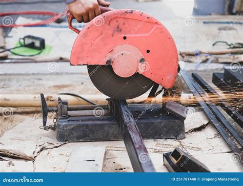 The Technician Uses A Hacksaw To Cut Steel Stock Photo Image Of