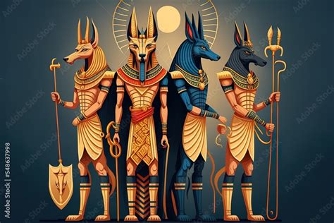 Egyptian Gods Anubis Ra Amon And Osiris Ancient Egypt Deities Characters In Pharaoh Clothes