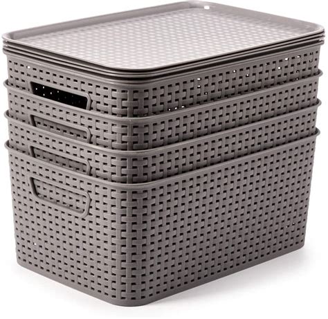 ezoware pack of 4 large plastic baskets with lid stackable lidded knit storage organizer ekp