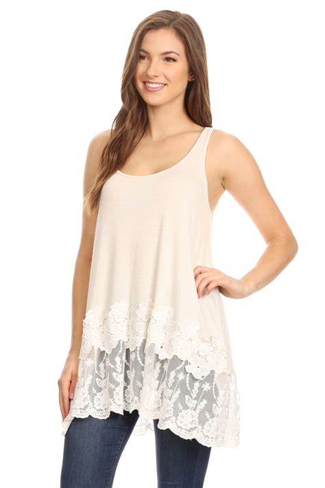 Womens Summer Casual Flowy Fit Long Tunic With Lace Trim Tank Top