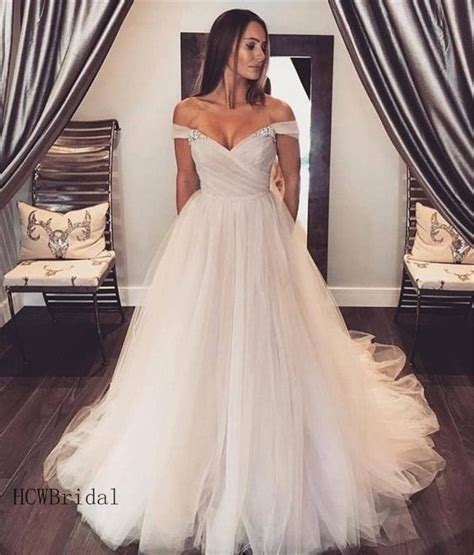 Elegant White Tulle Bridal Dresses 2019 Off The Shoulder Boat Neck A