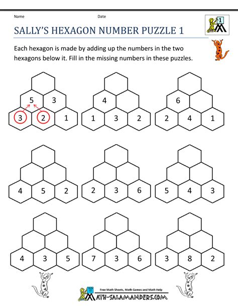 K5 learning offers free worksheets, flashcards and inexpensive workbooks for kids in kindergarten to. printable-math-puzzles-sallys-hexagon-number-puzzle-1.gif ...
