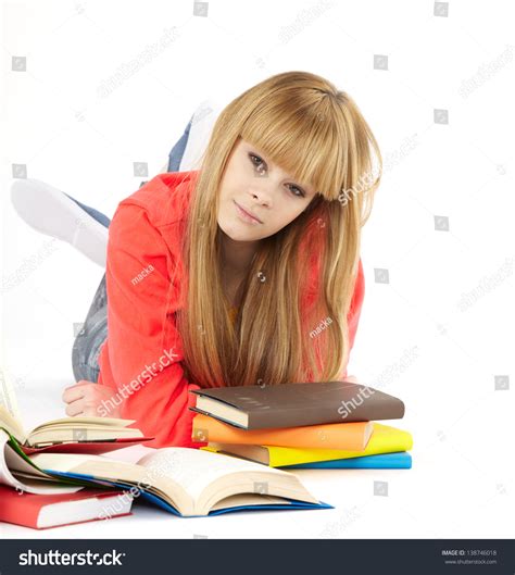 Portrait Cute Girl Textbook Hands Looking Stock Photo 138746018
