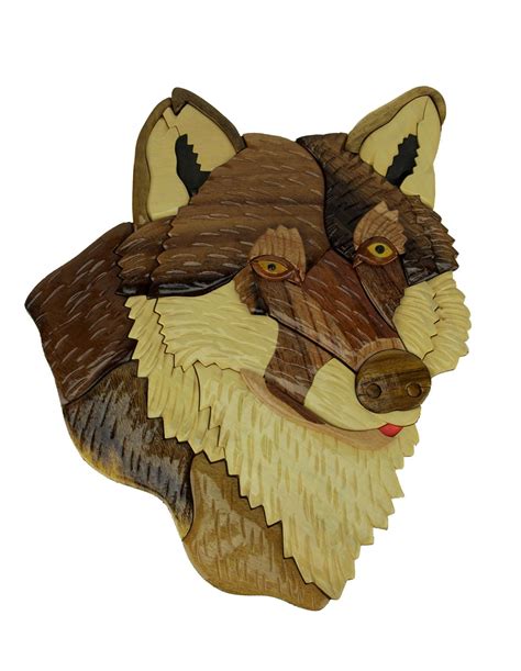 Hand Carved Intarsia Wolf Head Wood Art Wall Hanging