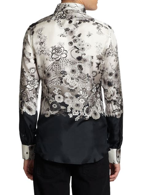 Dolce And Gabbana Crane Print Silk Button Front Shirt In Black White